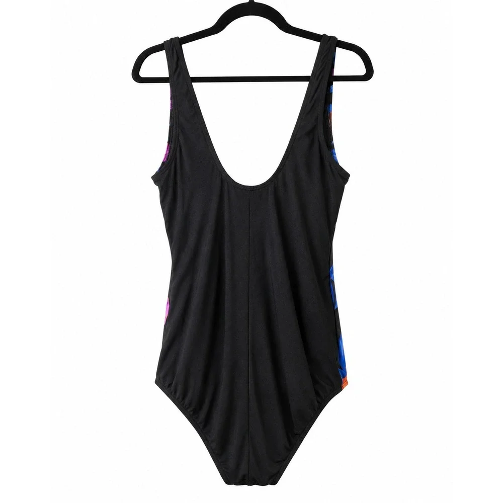 Floral Wrap Front‎ One Piece Swimsuit Black Pink Tropical Ruched V-Neck Medium